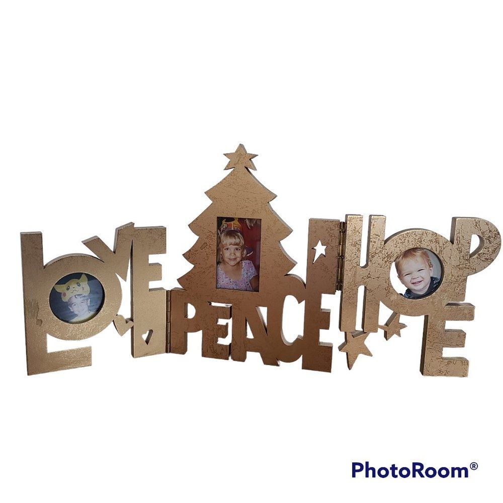 Love Peace Hope Tri-Fold Photo Frame Christmas Theme Tree Stars Heart Vintage